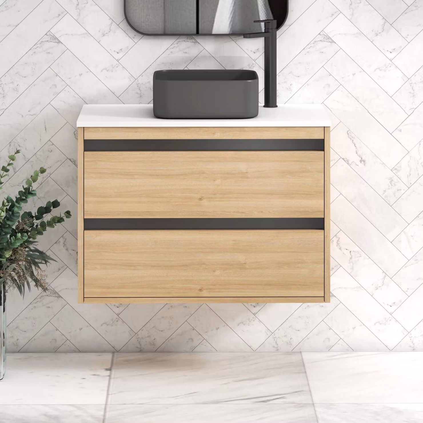 Royal Bathrooms Orion 800mm Natural Oak Wall Hung Vanity Unit with 2 Drawers, Plain White Countertop, Art Square Basin and Black Accent Trim