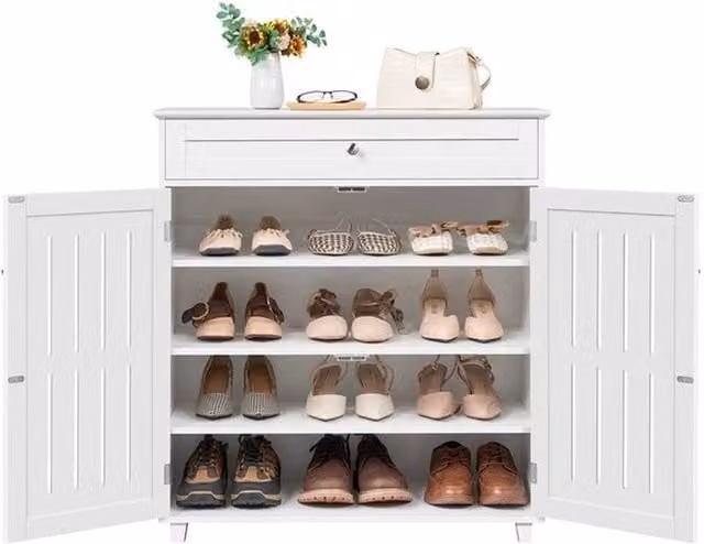 Kelvenix Modern White Shoe Storage Cabinet with Drawer and Hinged Doors
