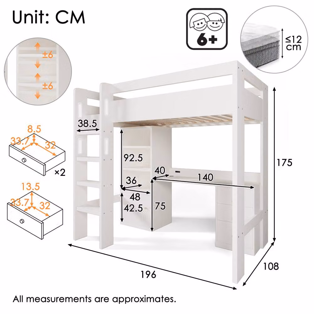 Merax White Mid Sleeper Cabin Bed for Children with Desk, Storage Drawers and USB Charging Port, W/D/H: 190 x 90 x 175 cm – 2