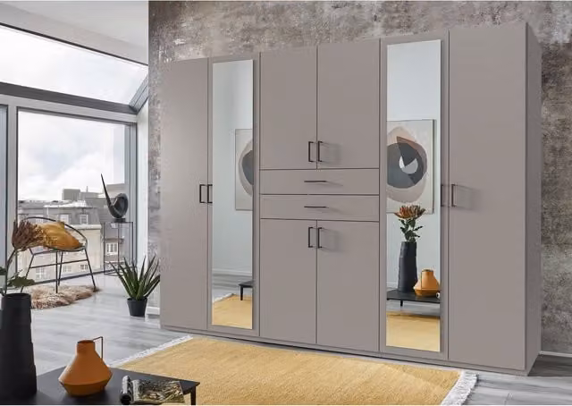 TJS Dillingen 6 Door Modern Grey Wardrobe with Glass Doors and Mirrors, Width: 270 cm