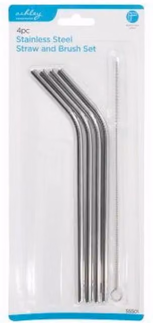 Ashley 4pc Stainless Steel Straws and Cleaning Brush Set, Silver, 21 cm