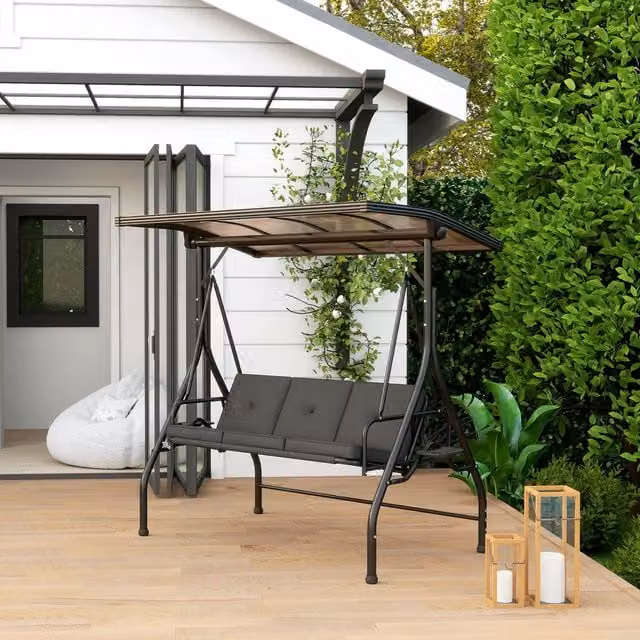 Outsunny 3 Seater Modern Garden Swing Seat Bed with Sun Canopy and Cup Holders, Black