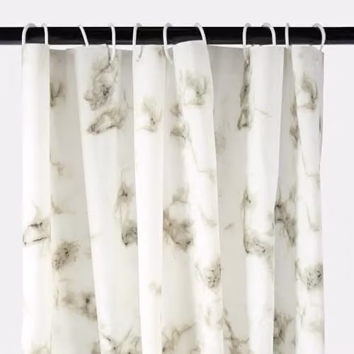 OHS Marble Effect Polyester Shower Curtain in White and Grey, Mould Resistant and Waterproof with Weighted Hem, W/H: 180 x 180 cm