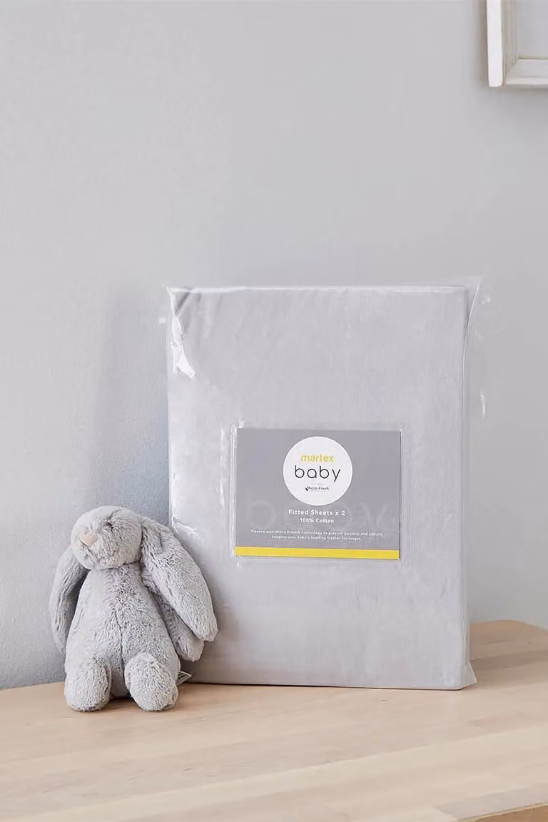 Martex Baby Grey and White Crib Fitted Bed Sheet Twin Pack, 100% Cotton Jersey, Allergy Friendly and Antibacterial, W/D/H: 85.5 x 36 x 10.5 cm