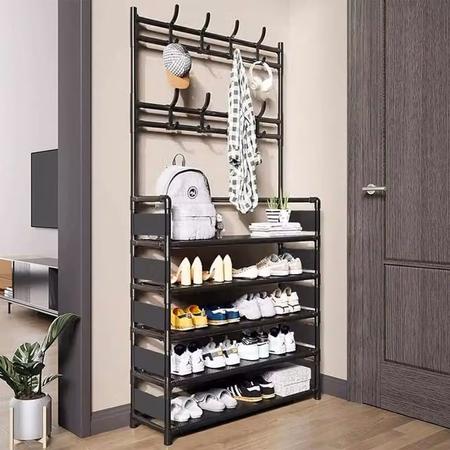 KORVIXA Modern Hallway Coat Rack and Shoe Storage Hall Tree with Bench in Matt Black, W: 90 cm, H: 169 cm – 1