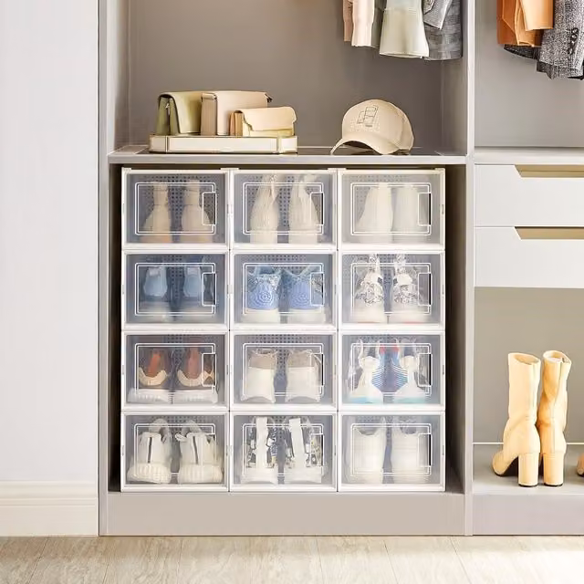 SONGMICS Pack of 12 Stackable and Foldable Large Shoe Storage Organisers in White and Transparent – 1