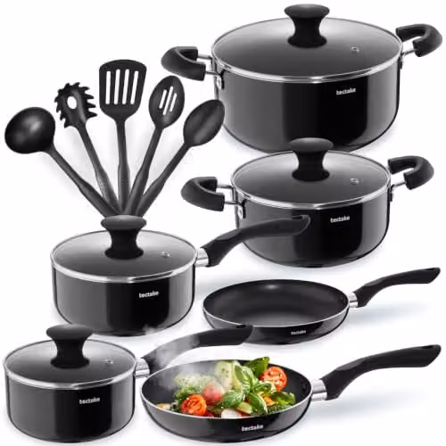 tectake 15-Piece Aluminium Cooking Pot and Pan Set with Non-Stick Coating and Glass Lids in Black