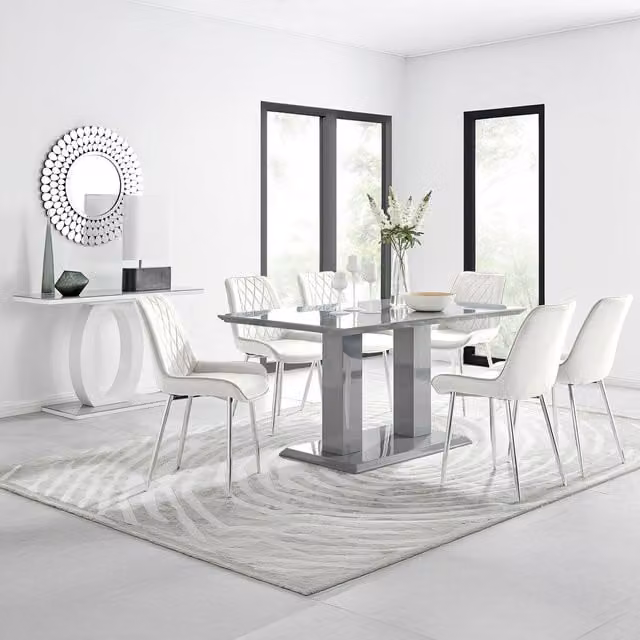 FurnitureboxUK Imperia Grey Glass Dining Table and 6 Pesaro Silver Leg Chairs in Cream