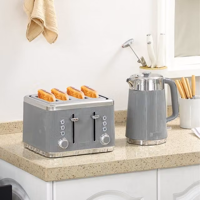 HOMCOM Rapid Boil Kettle 1.7L and 4 Slice Toaster Set with Crumb Tray in Tan, Beige or Grey
