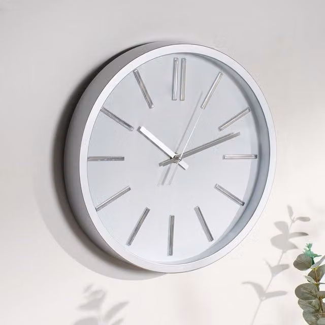 OHS Round Silver Metallic Silent Analog Wall Clock with White Minimalist Face