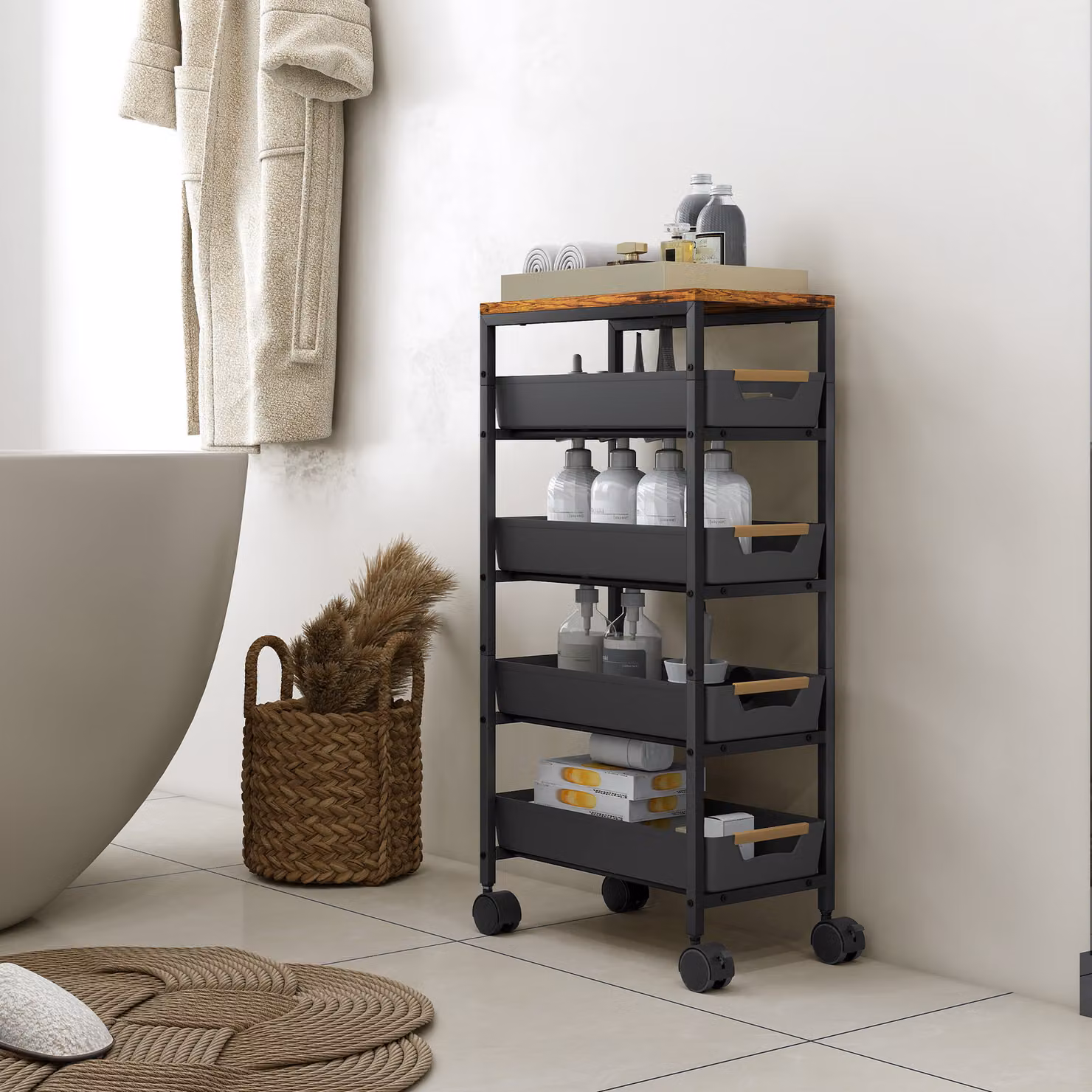 HOMCOM 5-Tier Metal Storage Trolley on Wheels in Matt Black – 5