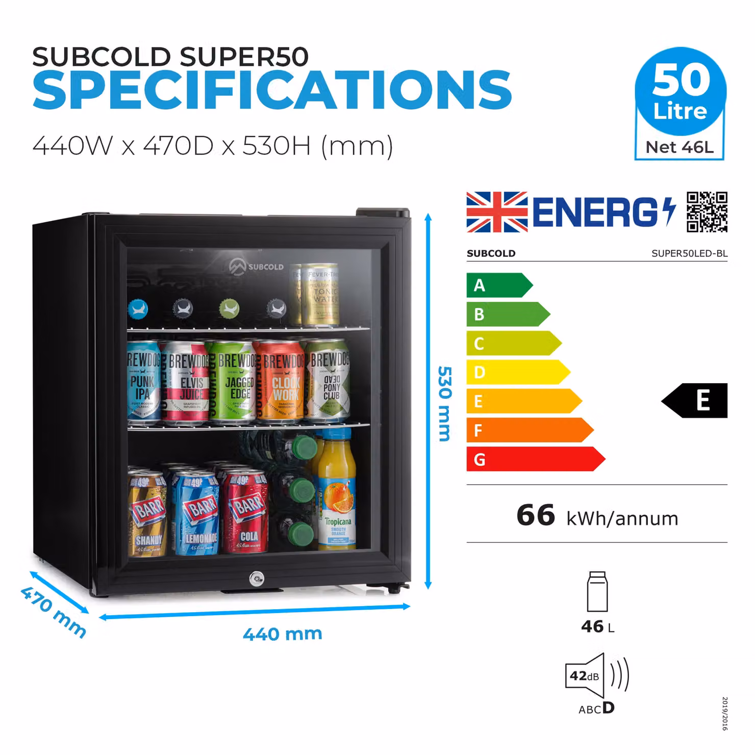 Subcold Super50 LED Mini Fridge Chiller in Black and Silver, 50L Capacity with Interior LED Light and Lock, Energy Class E – 3