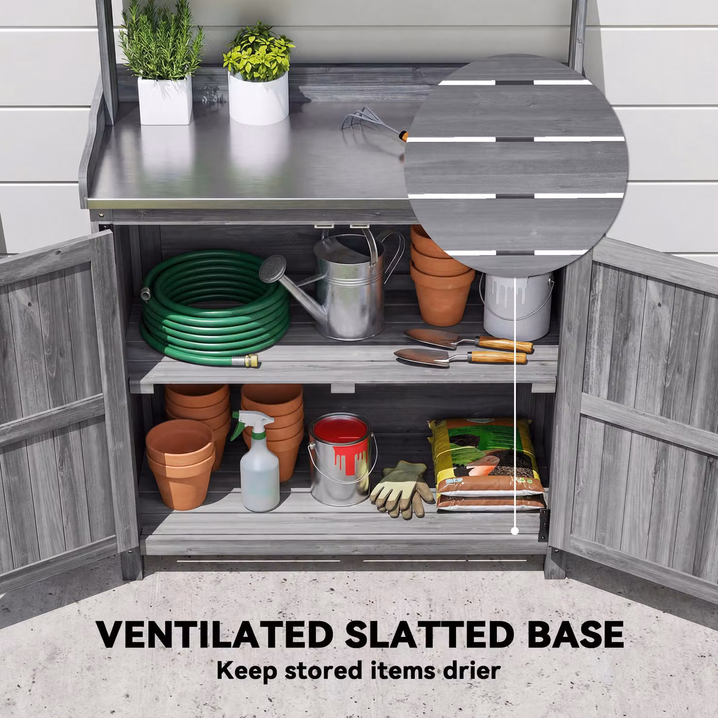 Outsunny Wooden Potting Bench Table with Aluminium Worktop, Grey Outdoor Garden Workbench with Top Shelf and Cabinet Storage – 4