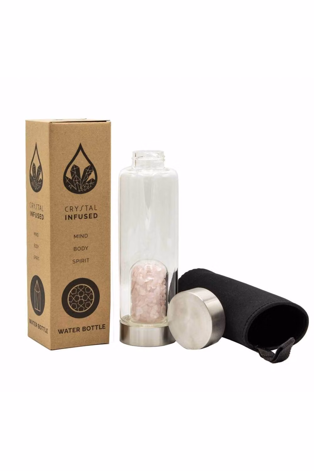 KDMD Silver Rose Quartz Crystal Infused Glass Water Bottle – 2