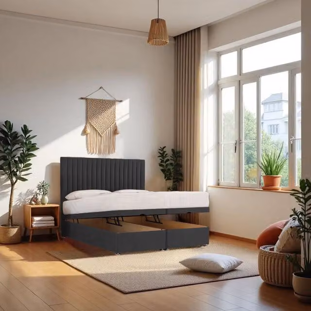 Knight Sleep Emily Double End Opening Ottoman Bed with Hybrid Mattress and 24 inch Headboard in Charcoal Grey – 1