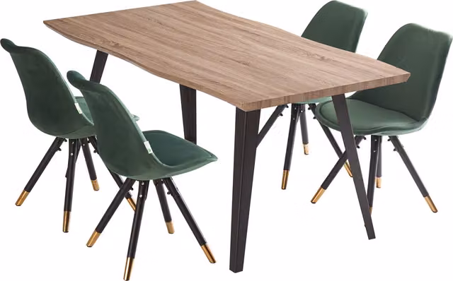 Life Interiors Sofia Rocco LUX Dining Set with Rectangular Live Edge Wood Table and 4 Green Velvet Chairs