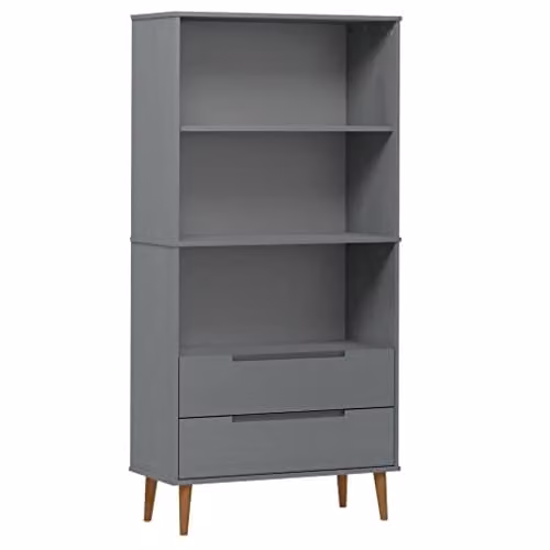vidaXL MOLDE Bookcase in Grey Solid Wood Pine and MDF, W: 85 cm, D: 35 cm, H: 170.5 cm