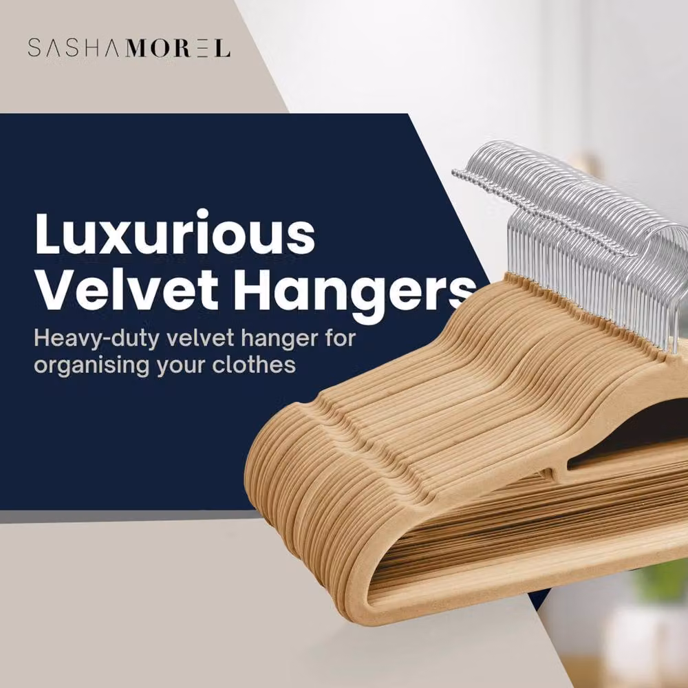 Sasha Morel 50 Pack Non-Slip Velvet Coat Hangers with Tie Organiser and Swivel Hooks in Taupe Pink – 2