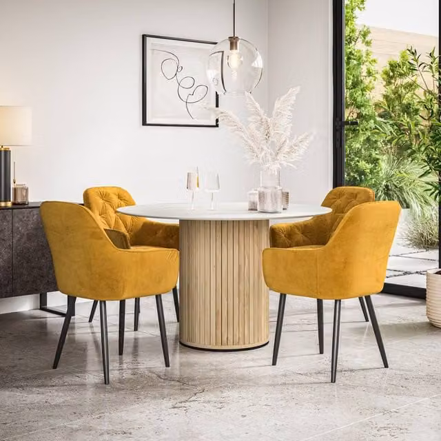 More4Homes Arlo White Marble Top Round Dining Table with Oak Legs and 4 Anika Mustard Velvet Dining Chairs Set, W/D/H: 120 x 120 x 75 cm – 1