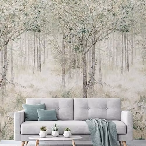 Grandeco Fairytale Trees Green 3 Lane Repeatable Vinyl Mural W: 280 cm, H: 159 cm