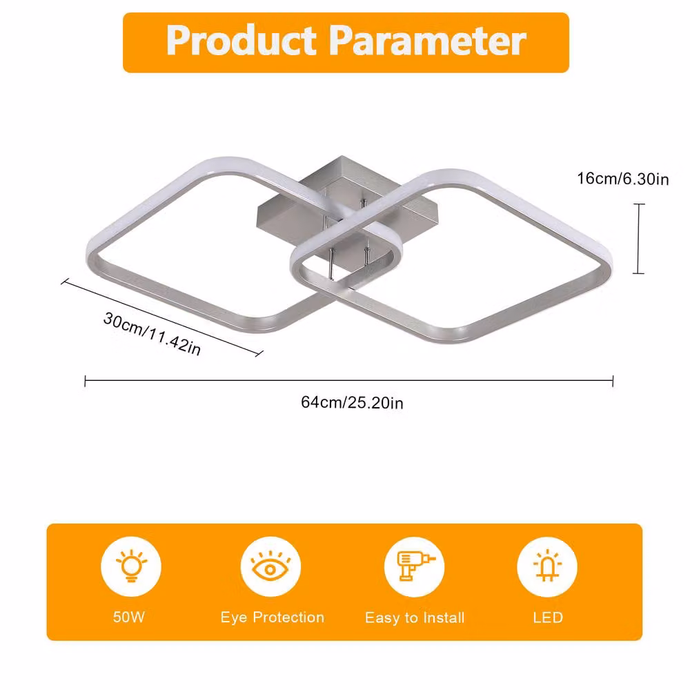 Pheashine Silver Square LED Ceiling Light, 50W Dimmable with Remote Control, 3000-6500K, Diameter: 64 cm – 2