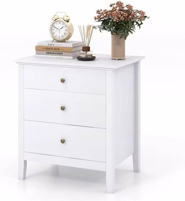 Costway Modern 3-Drawer White Bedroom Side Table