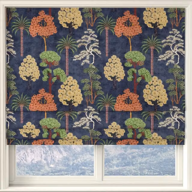 Linda Barker Bonsai Garden Blue Velvet Floral Made to Measure Roman Blind