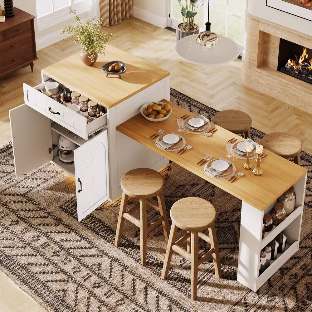 Rolipo Extendable Kitchen Island with Dining Table and LED Storage Cabinet in White – 1
