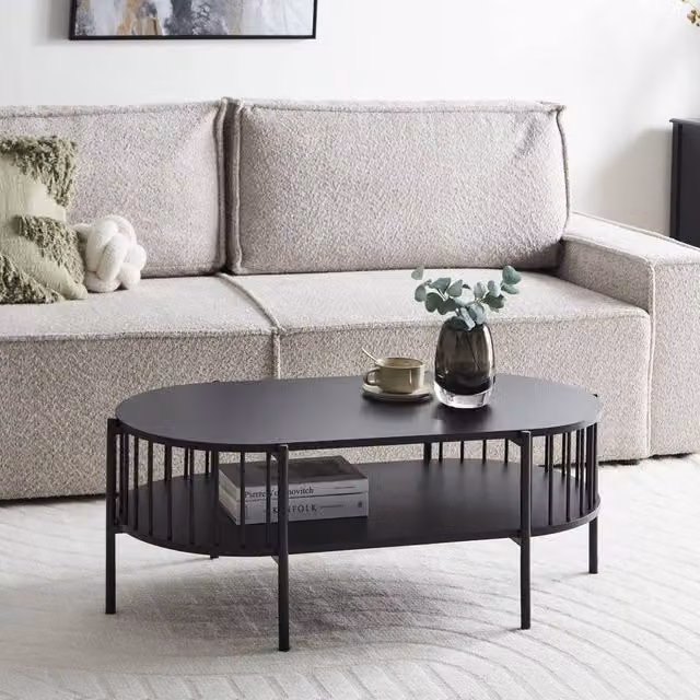 Wyld and Coco Retro Oval Coffee Table in Black MDF with Shelf, W: 103 cm, D: 50 cm, H: 36 cm