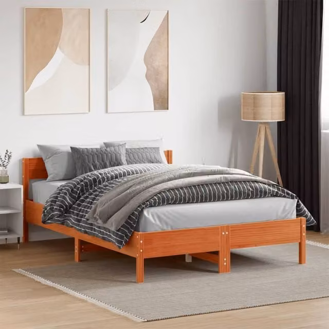 Berkfield Home Solid Wood Pine Bed Frame in Wax Brown, W/D/H: 140 x 190 cm