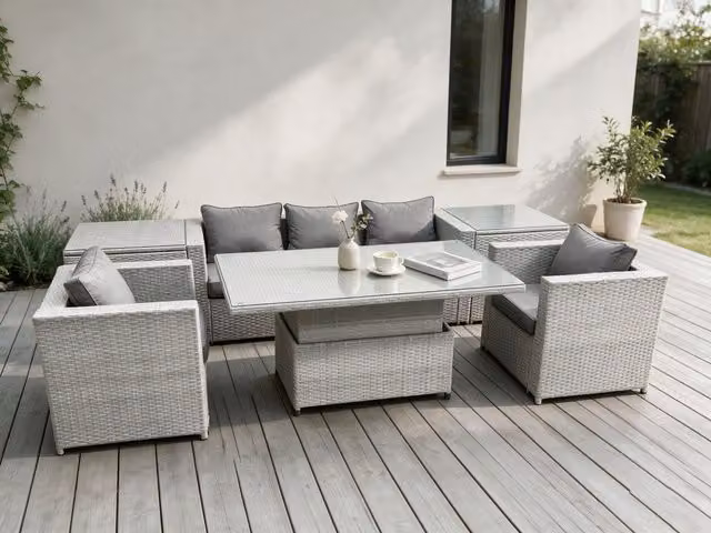 Fimous Rattan Garden Furniture Set with Adjustable Height Lifting Table and 2 Side Tables in Light Grey – 1