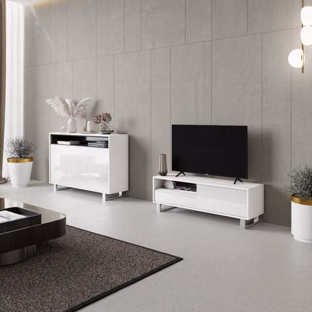 Creative Furniture Heaven Glossy White and Silver Sideboard, W: 130 cm, D: 40 cm, H: 35 cm