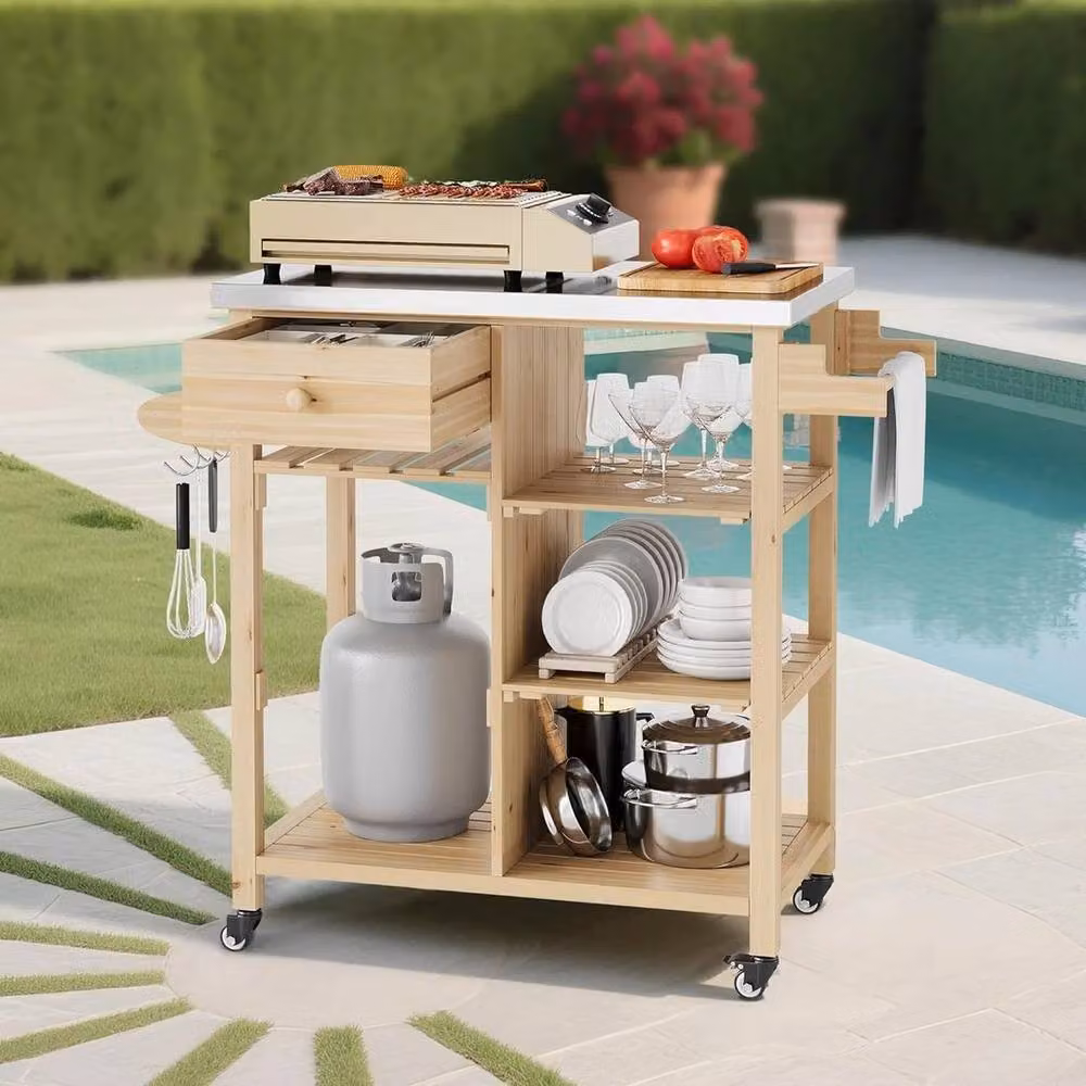 KORVIXA Wooden Grill Cart and Food Prep Table with Stainless Steel Storage Module in Natural Brown and Sand, W/D/H: 100 x 100 x 92.45 cm – 3
