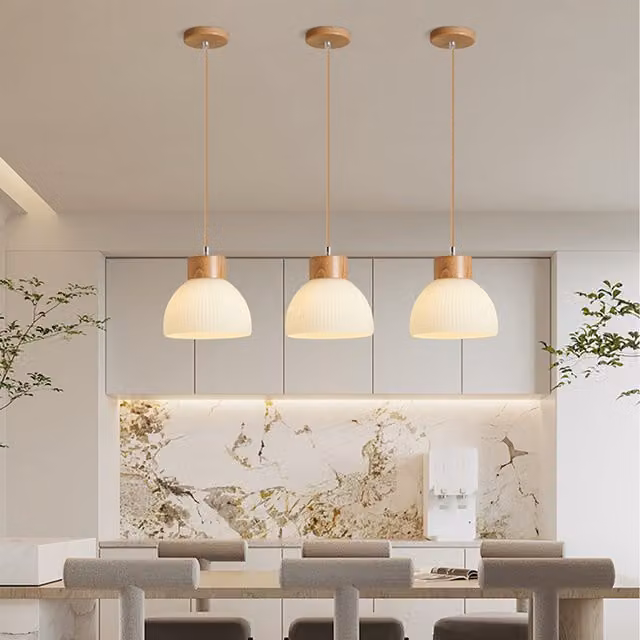 Oak Wood Effect and White Glass Scandinavian Style Pendant Ceiling Lamp with Height Adjustable Suspension