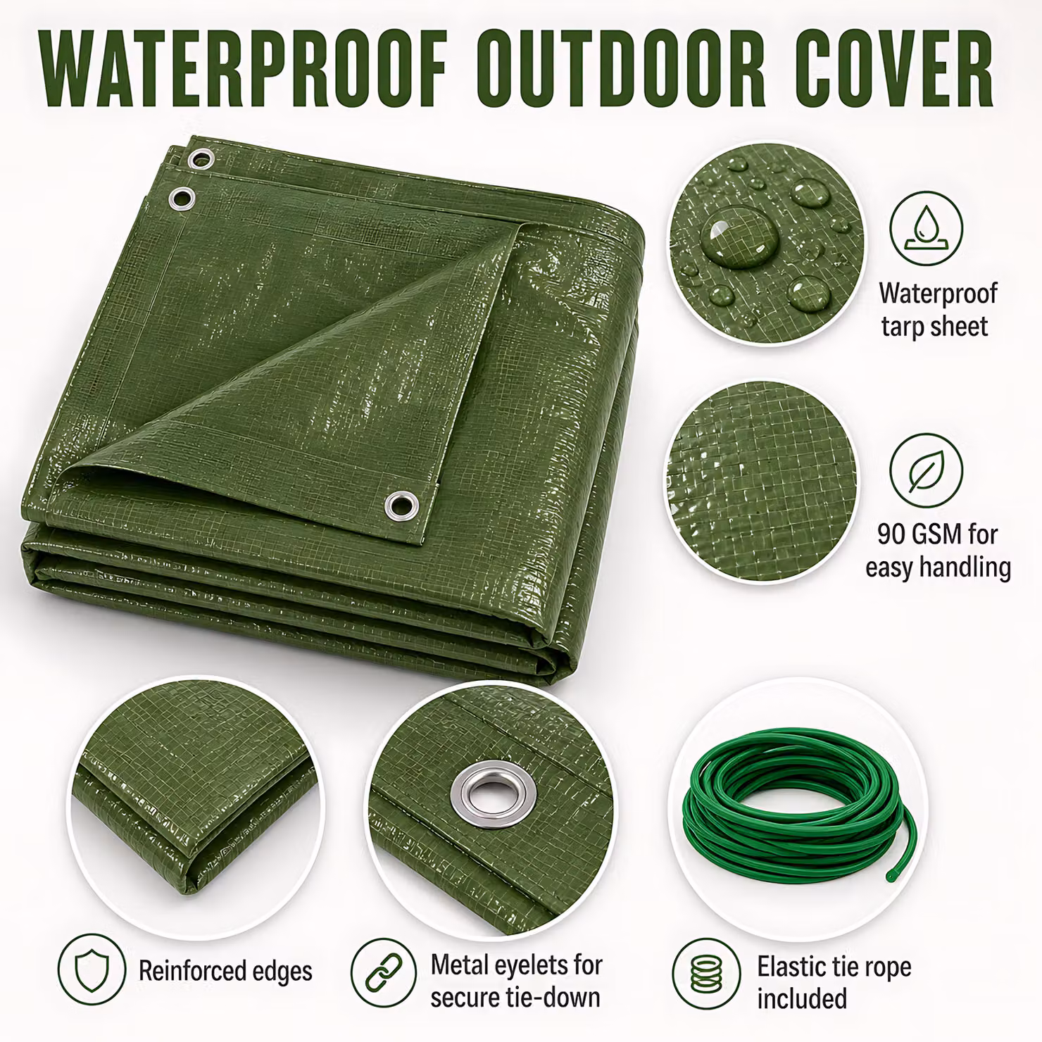 SolaDirect Heavy-Duty Waterproof Green Tarpaulin with 10m Elastic Tie Rope, 8 x 8m, 90gsm – 2