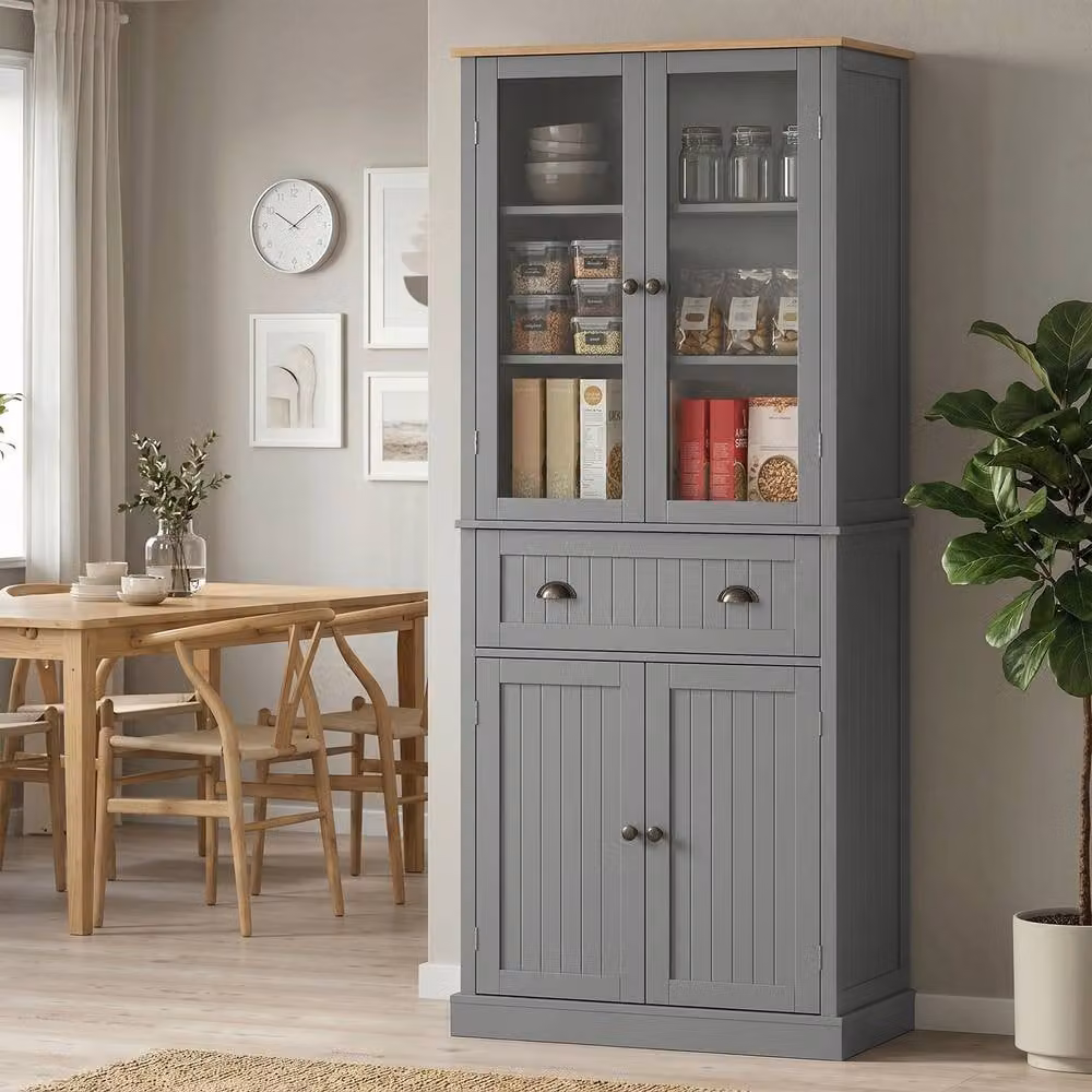 STILVORA Grey Matt Kitchen Pantry Cupboard with Glass Doors and Internal Shelves – 3