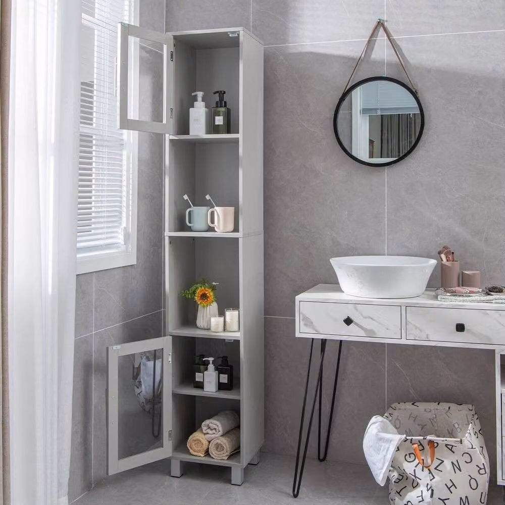 Kelvenix Modern Slim Free-Standing Tall Bathroom Cabinet in Grey with Glass Doors and Internal Shelves, H: 180 cm – 5