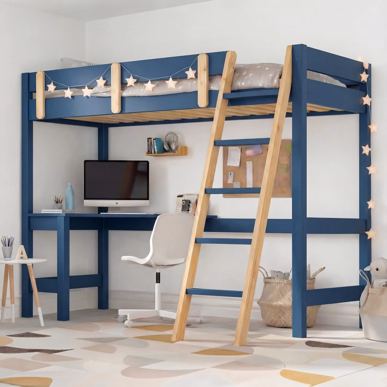 DHS Blue and Pine Solid Wood High Sleeper Loft Bed Frame with Desk for Children H 180.5 x W 159 cm x D 159 cm