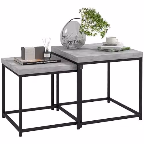 HOMCOM Nest of 2 Coffee Tables with 3.5 cm Thick MDF Tops and Metal Frame, Grey, W/D/H: 45 x 45 x 45 cm – 1