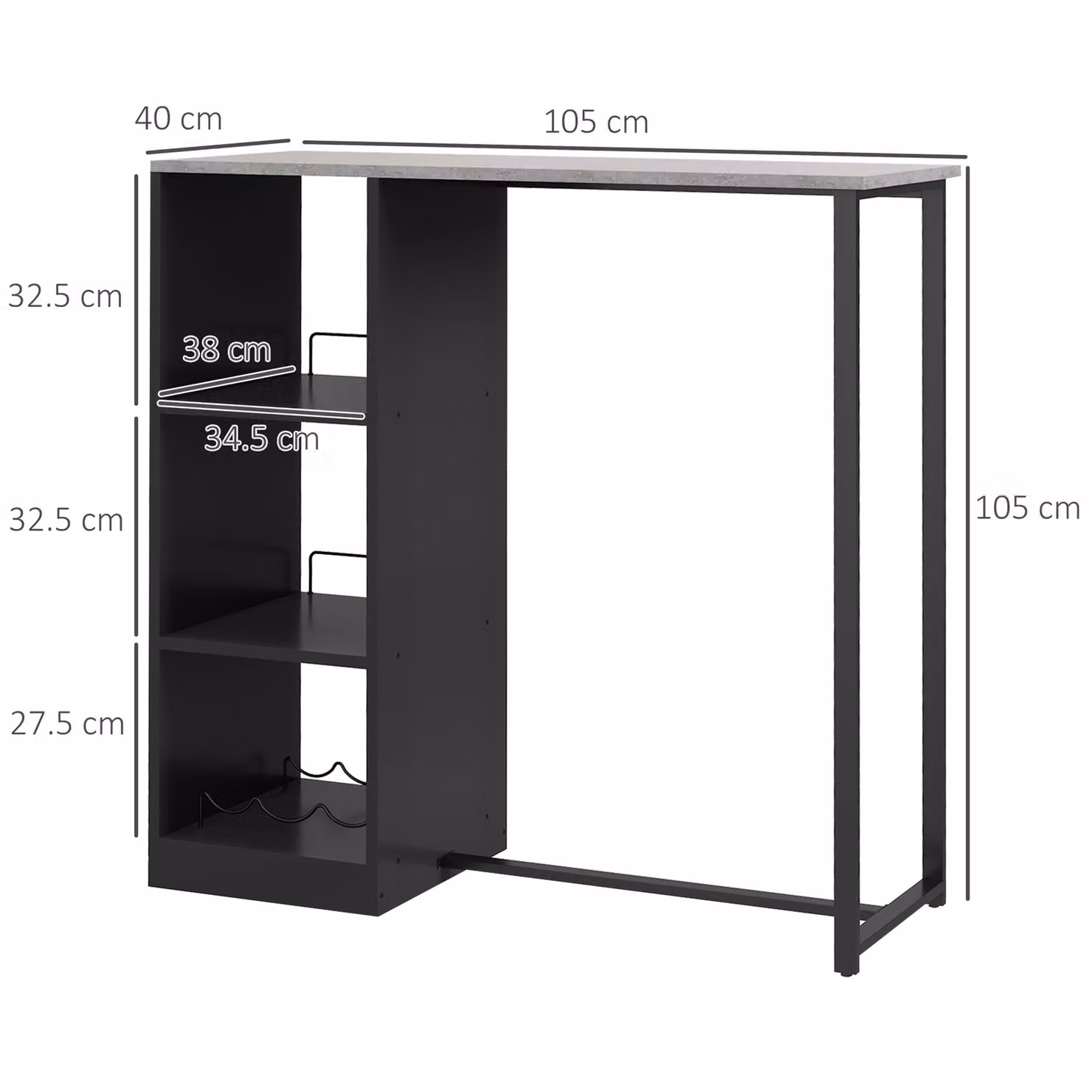 HOMCOM Modern Black Breakfast Bar Table with 3-Tier Storage Shelf and Wine Rack, W: 105 cm, D: 40 cm, H: 105 cm – 3