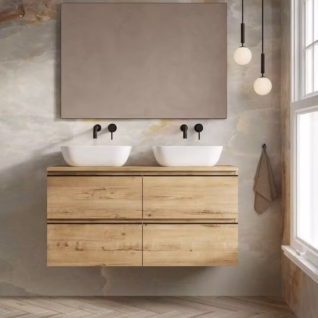 Banyetti Vatilla 1200mm Wall Hung Vanity Unit with Matching Worktop in Ostippo Light Oak