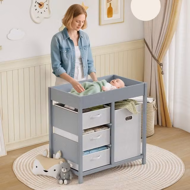 AIYAPLAY Modern Baby Changing Unit with 4 Storage Drawers and Removable Matt in Grey