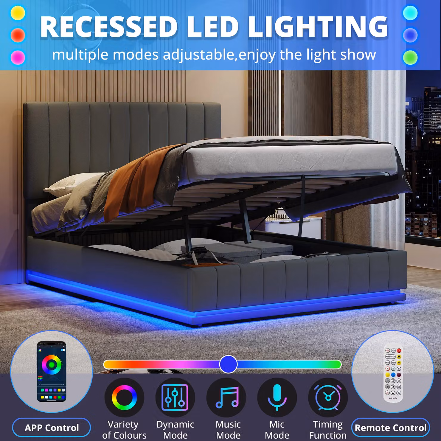 AKA Grey PU Leather Upholstered King Size Ottoman Bed with LED Under-Bed Lighting and Hydraulic Storage W/D/H: 180 x 200 cm – 5