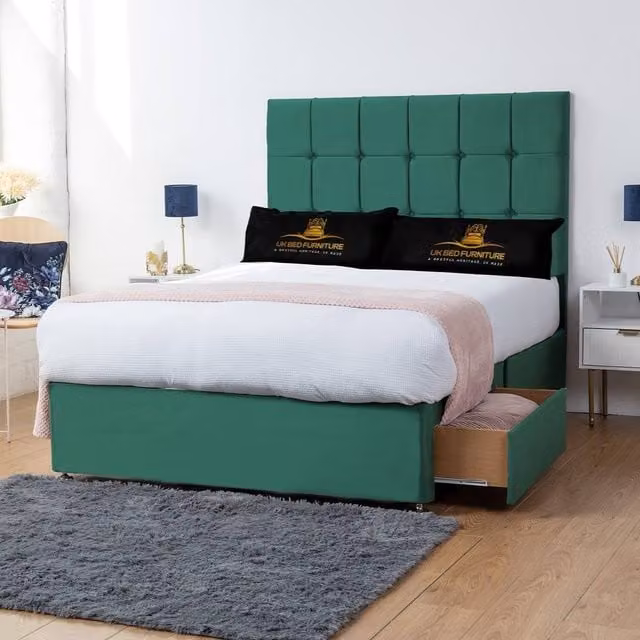 UK Bed Furniture Florence Double Divan Bed with 4 Drawers and Upholstered Fabric Headboard in Green, W/D/H: 140 x 200 cm