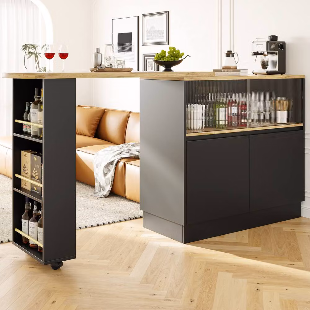Rolipo Modern Black Dining Bar Cabinet with Glass Doors and 360 Swivelling Castors – 6