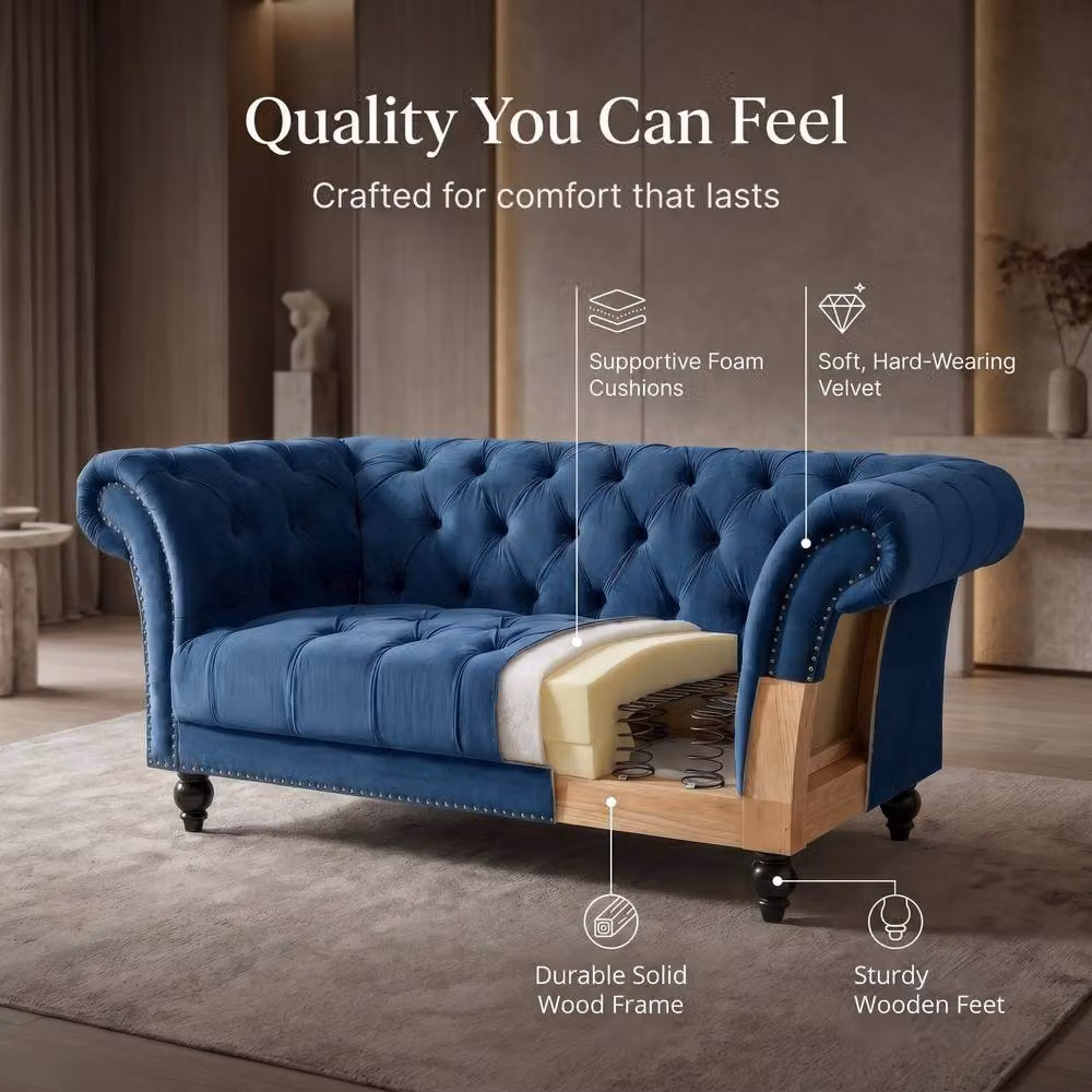 Bravich LTD Chesterfield 1 Seater Velvet Sofa in Blue with Buttoned Back and Rolled Arms – 4