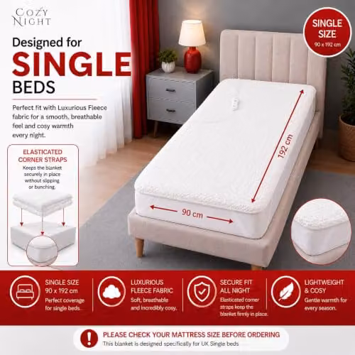 Cozy Night Single White Fleece Electric Blanket with Corner Elastic Straps, W/D/H: 90 x 190 cm – 2