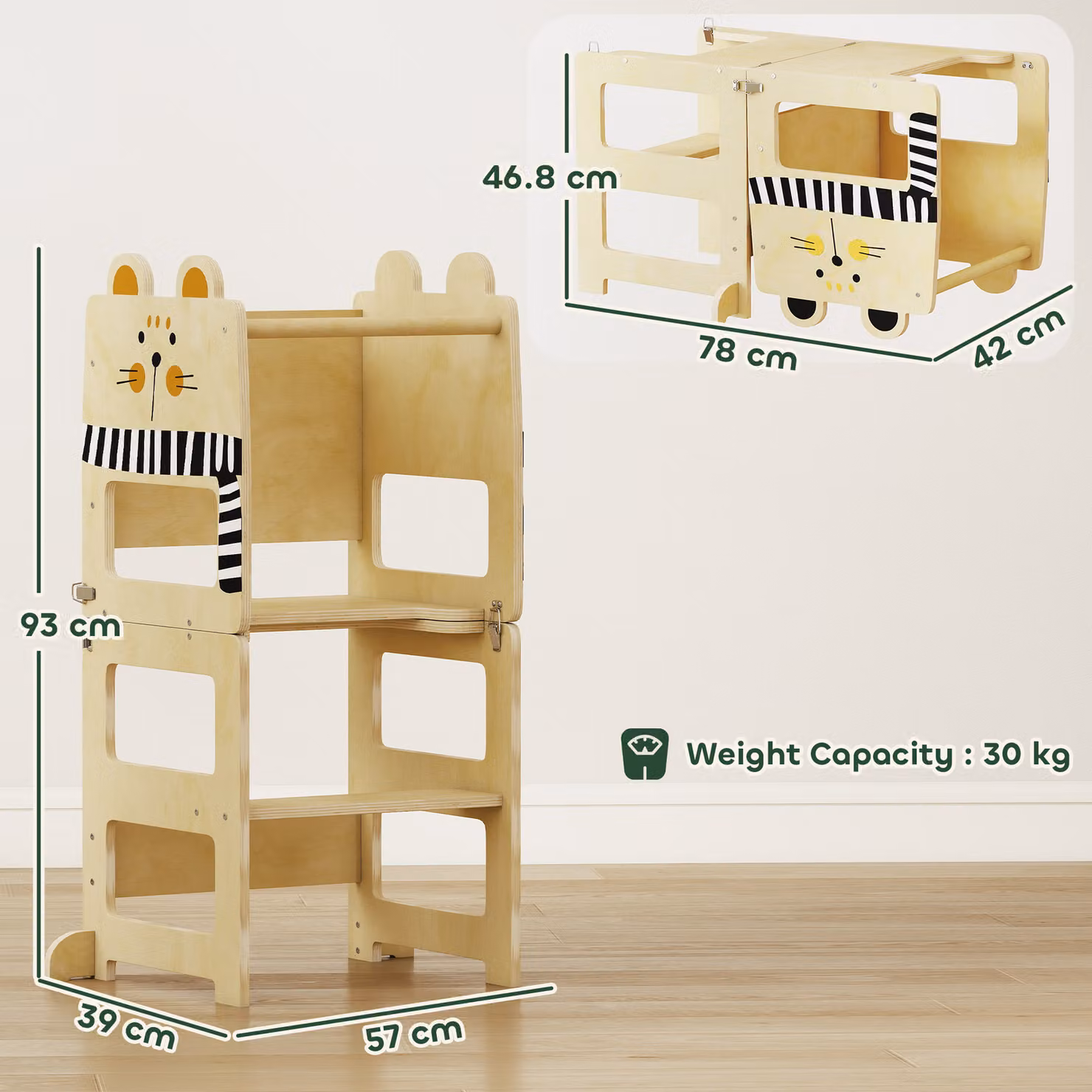 AIYAPLAY 3-in-1 Cat-Shaped Toddler Step Stool and Standing Tower with Chalkboard in Natural Brown and Beige Wood – 3