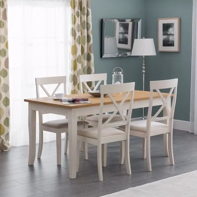 Julian Bowen Davenport Rectangular Dining Table and 4 Chairs Set in Ivory, Grey and Oak