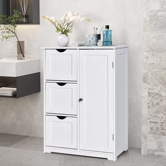 Costway White Freestanding Bathroom Floor Cabinet with 3 Drawers and Adjustable Shelves